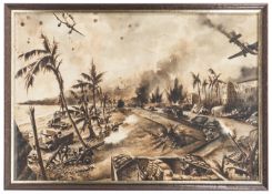 A dramatic World War II painting by Leo Rawlings “Singapore’s Last Stand”, showing a promenade, with