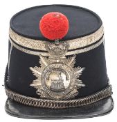 A good officer’s shako of the King’s Own Stafford Militia, of blue cloth with silver lace and