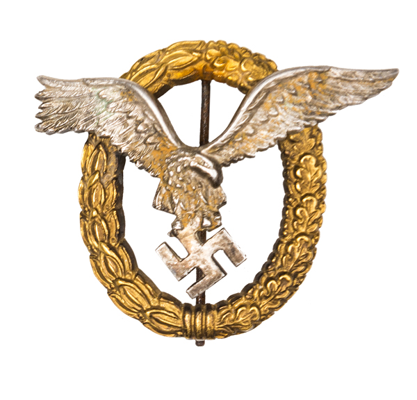 A good Third Reich Pilot Observer’s badge, by C E Juncker, Berlin, with silvered eagle, gilt wreath,
