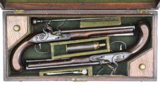 A cased pair of 22 bore flintlock duelling pistol by Wogdon, c 1785, 15” overall, sighted