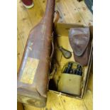 A “leg ‘o’ mutton” gun case, a WWII binocular in case, a reproduction powder flask and 2 pouches AF.