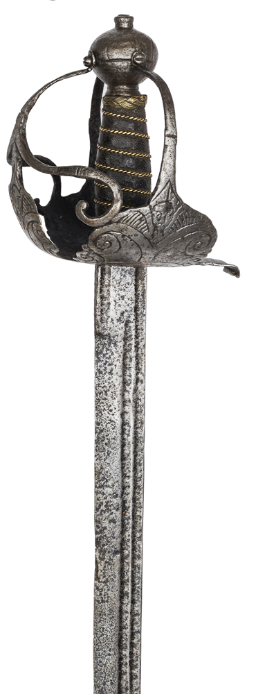 A mid 17th century mortuary sword, straight single edged blade 32½” with twin fullers along the back