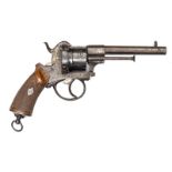 A Belgian 6 shot 9mm DE open frame pinfire revolver, 9” overall, round barrel 5”, number 2930,