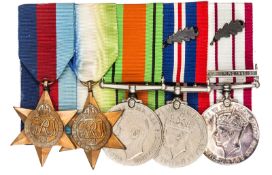 Five: 1939-45 star, Atlantic star, Defence, War with MID leaf, NGS 1909-62 with MID leaf, 1 clasp