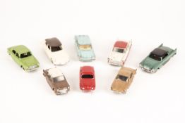 8 French Dinky Toys. Citroen DS19, Chevrolet Corvair, Peugeot 403, Renault Floride, Fiat 1200, Simca