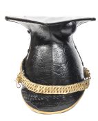 A Lancer officer’s black patent leather foul weather lance cap, brass binding to peak, dummy rosette
