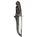 A rare WWII RJH jungle knife, shallow fullered bowie type blade 8”, marked “Wilkinson Sword, London,