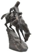 An equestrian bronze figure in the style of Frederick Remington, titled “The Mountain Man”, of an