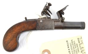 A good 130 bore flintlock muff pistol by W Bond, c 1820, 4¾” overall, turn off rifled barrel 1¼”,