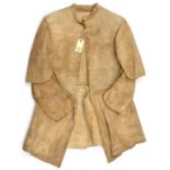 A leather buff coat of Cromwellian form, with thick leather bodice formed from three pieces, the