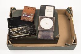 A Dousona Gramophone player. Together with a cased set of drawing implements, a box of jewellers
