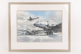 An original watercolour depicting the 1948 Berlin airlift, by Hardy. A winter scene of military
