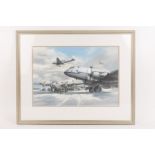 An original watercolour depicting the 1948 Berlin airlift, by Hardy. A winter scene of military