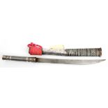 A sheet silver mounted Burmese dha, slightly curved, swollen SE blade 12½”, hilt and scabbard of