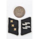 2 Third Reich SS collar patches: silver bullion SS runes with piping, and SS Untersturmfuhrer;