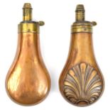 A medium size embossed copper powder flask “Bush” (R 330) 6½” overall; and a similar plain copper