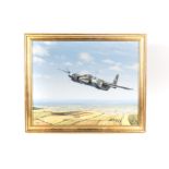An oil on canvas of an RAF Mosquito by E.A. Mills 1986. Flying over an English summer landscape,