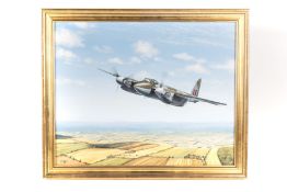 An oil on canvas of an RAF Mosquito by E.A. Mills 1986. Flying over an English summer landscape,