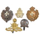 5 Mediterranean cap badges, R Malta Militia with flat topped crown (lugs missing), K.O. Malta