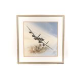 An original watercolour of an RAF Lancaster bomber flying over Lincoln by Hardy. 'City of London'