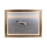 An oil on canvas of an RAF Avro Lancaster Bomber by Ronald Wong. Depicting aircraft FM H from 209