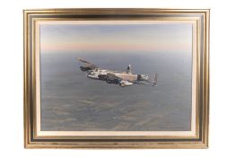 An oil on canvas of an RAF Avro Lancaster Bomber by Ronald Wong. Depicting aircraft FM H from 209