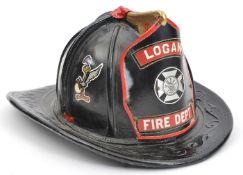 A hardened black leather US helmet of Logan Fire Department, broad embossed brim, painted title