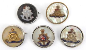 3 R Artillery MOP roundel sweetheart brooches, 2 marked “Sterling silver rim”; 2 similar R Sussex,