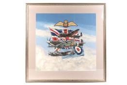 An original watercolour comprising a trio of RAF WWII aircraft by Hardy. A Spitfire, Lancaster and