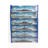 6x 1:1200 scale Minic Naval ships by Hornby. HMS Vanguard (M741), KM Bismark (M742), USS Missouri (