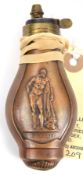 An attractive small French embossed copper powder flask, “classical figure in panel” (R436),