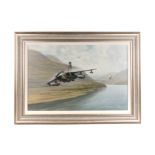 An oil on canvas of 2 RAF Panavia Tornado GR4 MRCA, painted by Gerald Coulson. A scene depicting