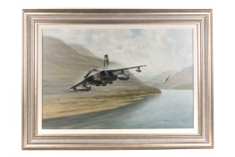 An oil on canvas of 2 RAF Panavia Tornado GR4 MRCA, painted by Gerald Coulson. A scene depicting