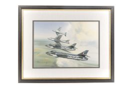 An original watercolour comprising a Squadron of Hawker Hunter aircraft by Hardy. 4 in formation