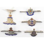 4 tie pin brooches: RN blue and red enamelled crowned anchor in wreath with title, enamelled RA,