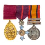 Miniature group of three: CB, marked 18ct, CBE first type military, QSA 2 clasps CC, SA02. GVF. An