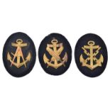3 Third Reich gilt metal Naval Petty Officer trade badges for Writer, Spotter and Carpenter, on blue
