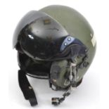 An RAF flying helmet, padded lining, with earpieces, hinged microphone, visor, etc, with name