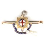 A tie pin brooch of The R Sussex Regt, red, white and blue enamelled, stamped “CP & Co/15 CT”. GC