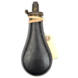 A gun size leather covered powder flask, 7¾” overall, the brass patent top stamped “Extra Quality/