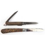A military style clasp knife, with blade 4”, marked C Butler & Co, tin opener and spike, chequered