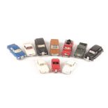 10 Dinky Toys for restoration. Austin Taxi, Mercedes 250SE, Volvo 122S, 2x 109" WB Land Rover - Fire