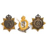 3 officer’s cap badges: Army Service Corps (988 and 989), enamelled RAMC with brooch pin. GC to