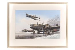 An original watercolour of RAF bombers at an airfield by Hardy. A winters scene with two Wellingtons