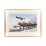 An original watercolour of RAF bombers at an airfield by Hardy. A winters scene with two Wellingtons