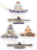 3 R Artillery sweetheart brooches, design as for cap badge, 2 red and blue enamelled, marked “