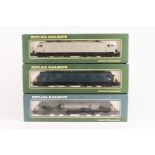 3 Replica Railways Peak 1Co-Co1 diesel electric locomotives. All un-numbered, one in green, one in