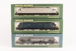 3 Replica Railways Peak 1Co-Co1 diesel electric locomotives. All un-numbered, one in green, one in