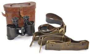 An Air Ministry binocular, 6E/293, individual eyepiece focus, in its leather case with stamps