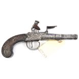 A 55 bore cannon barrelled flintlock boxlock pocket pistol by Barber c 1770, 7¾” overall, turn off